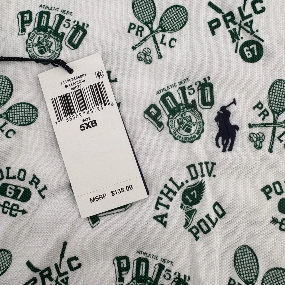 Polo Ralph Lauren Polo Shirt Mens 5XB White Green Tennis Graphic Print New